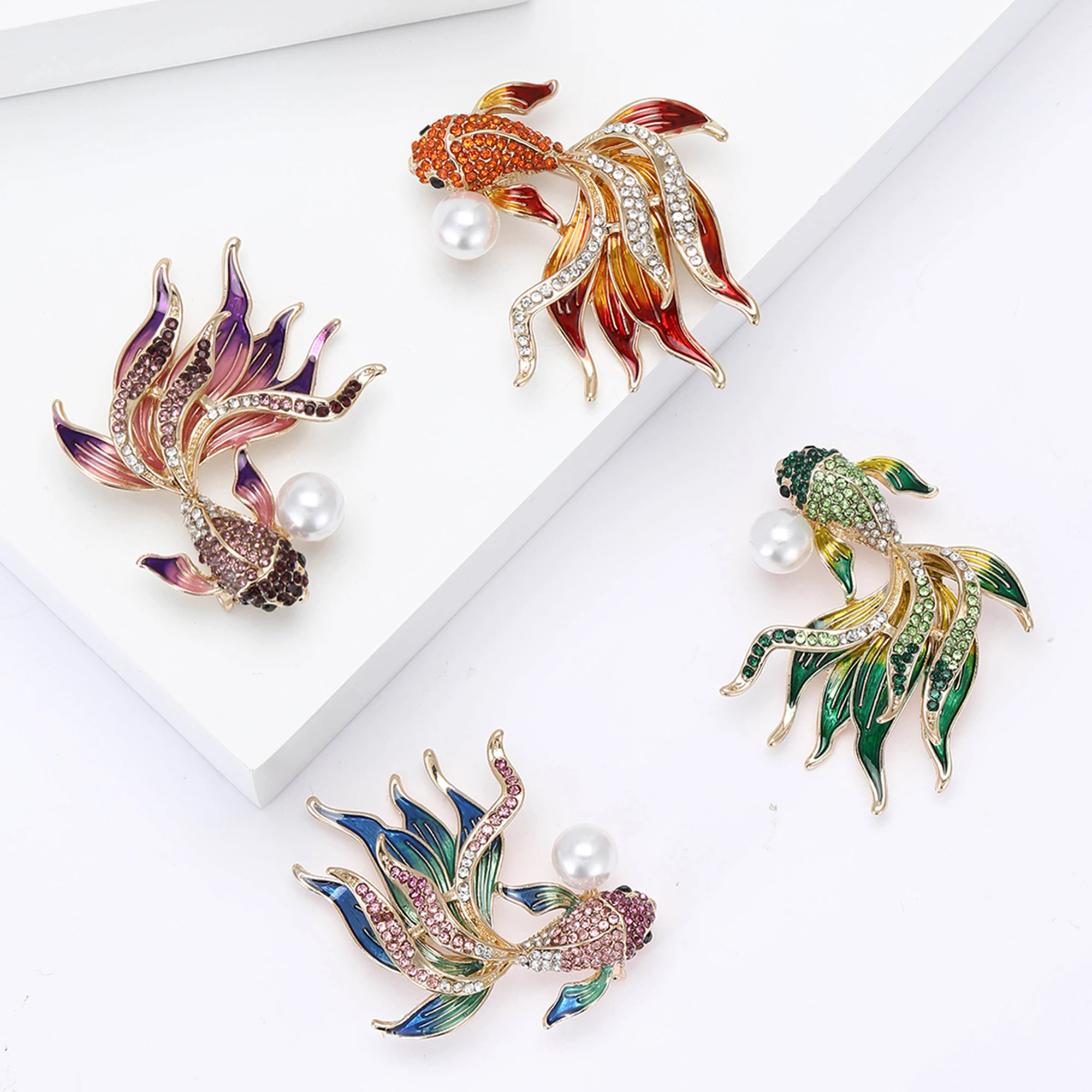 Rhinestone goldfish brooches for women unisex pearl aquatic creature Pins Office Party Friend Gifts Jewelry Accessories image 2