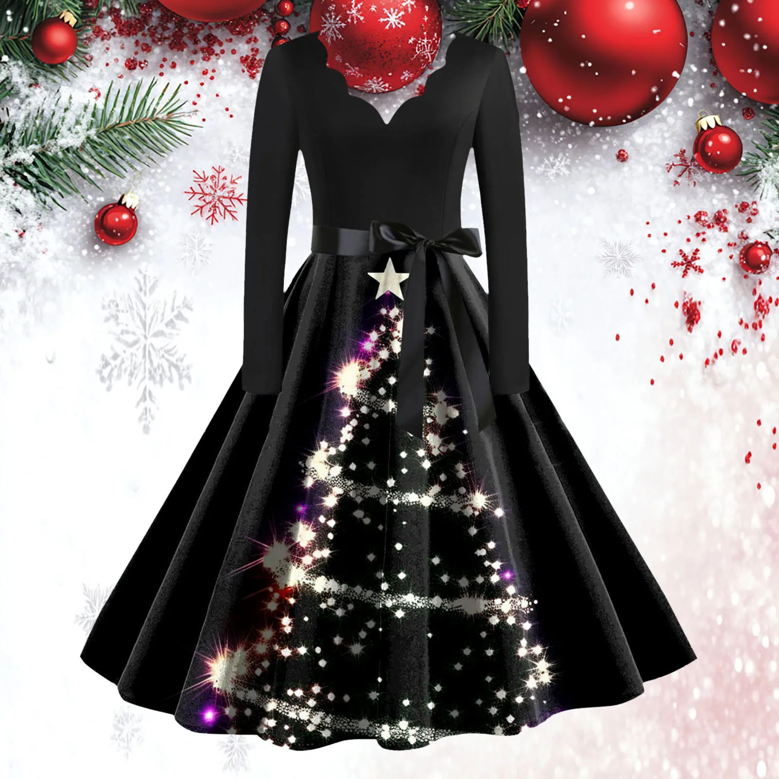 Women Vintage Christmas Dresses Long Sleeve V Neck 1950s Elegant Party Dresses Woman Plus Size New Year Dresses For Women платье