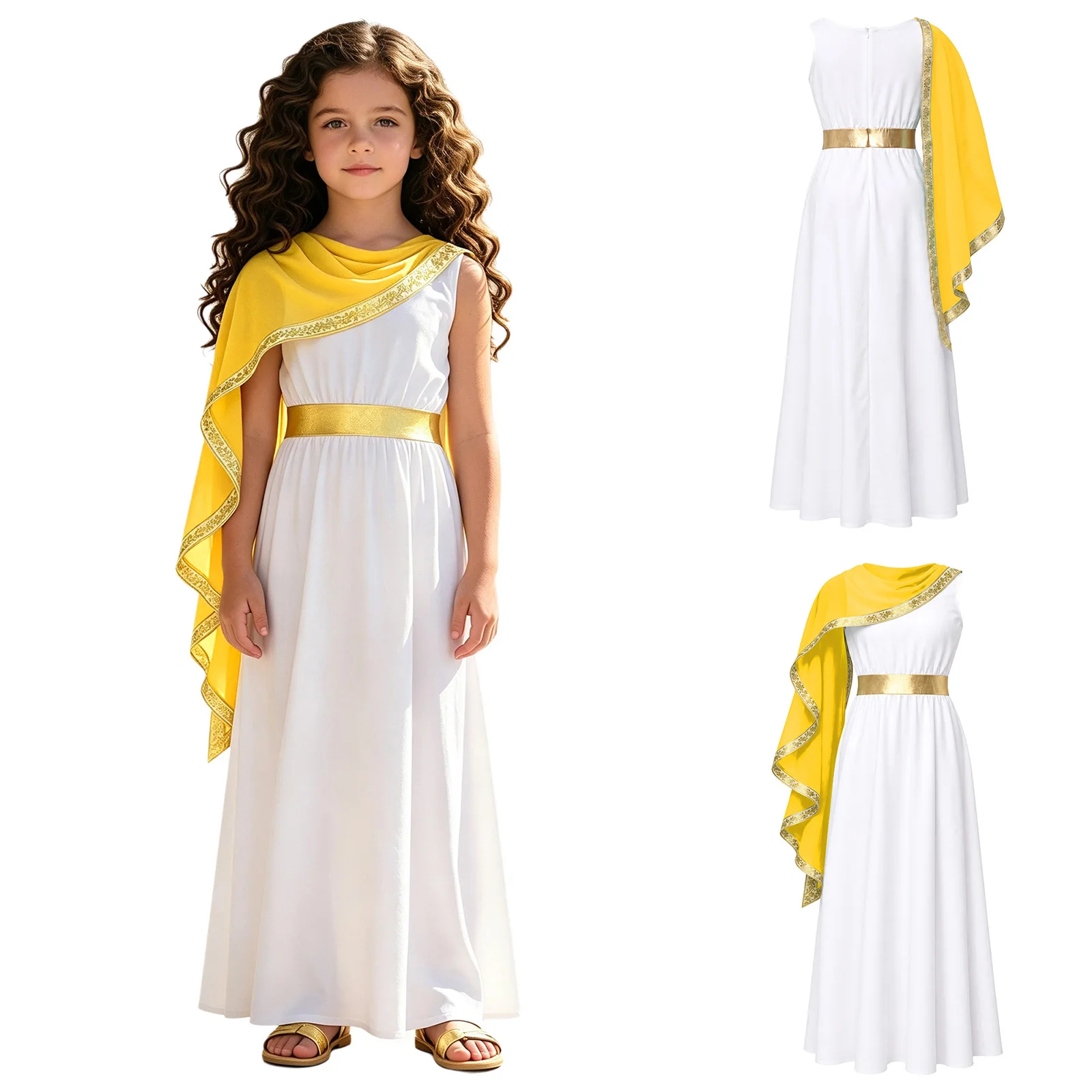 Girls Ancient Greek Roman Toga Costume Sleeveless Metallic Gold Trim Shawl Athena Greece Queen Princess Dress Halloween Cosplay