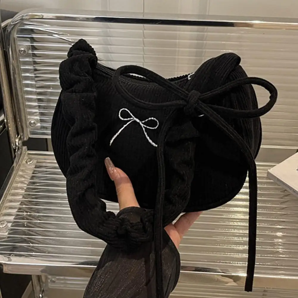 Corduroy Shoulder Bag Women Ruched Handbag Adjustable Korean Style Winter Bow Decor Hobo Bag Vintage Casual Underarm Handbag