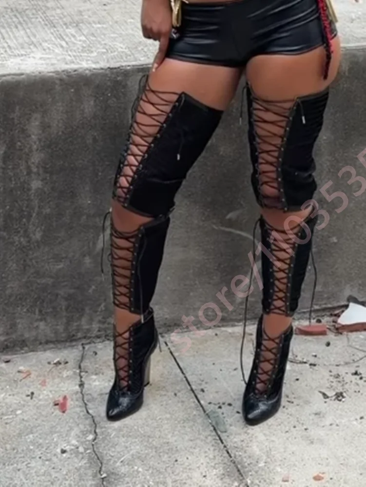 Botas Altas Negras para Mujer con Aberturas, Textura de Serpiente, Cordones Frontales, Tacón de Bloque Metálico Puntiagudo, Cierre de Cremallera, Botas de Moda para Fiesta en Discoteca