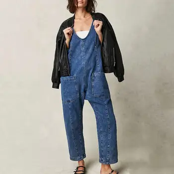 ผู้หญิง DENIM Overalls สไตล์ผู้หญิง DENIM Overalls พร้อมสายรัดปรับกระเป๋า Casual Streetwear Jumpsuit สําหรับผ่อนคลาย