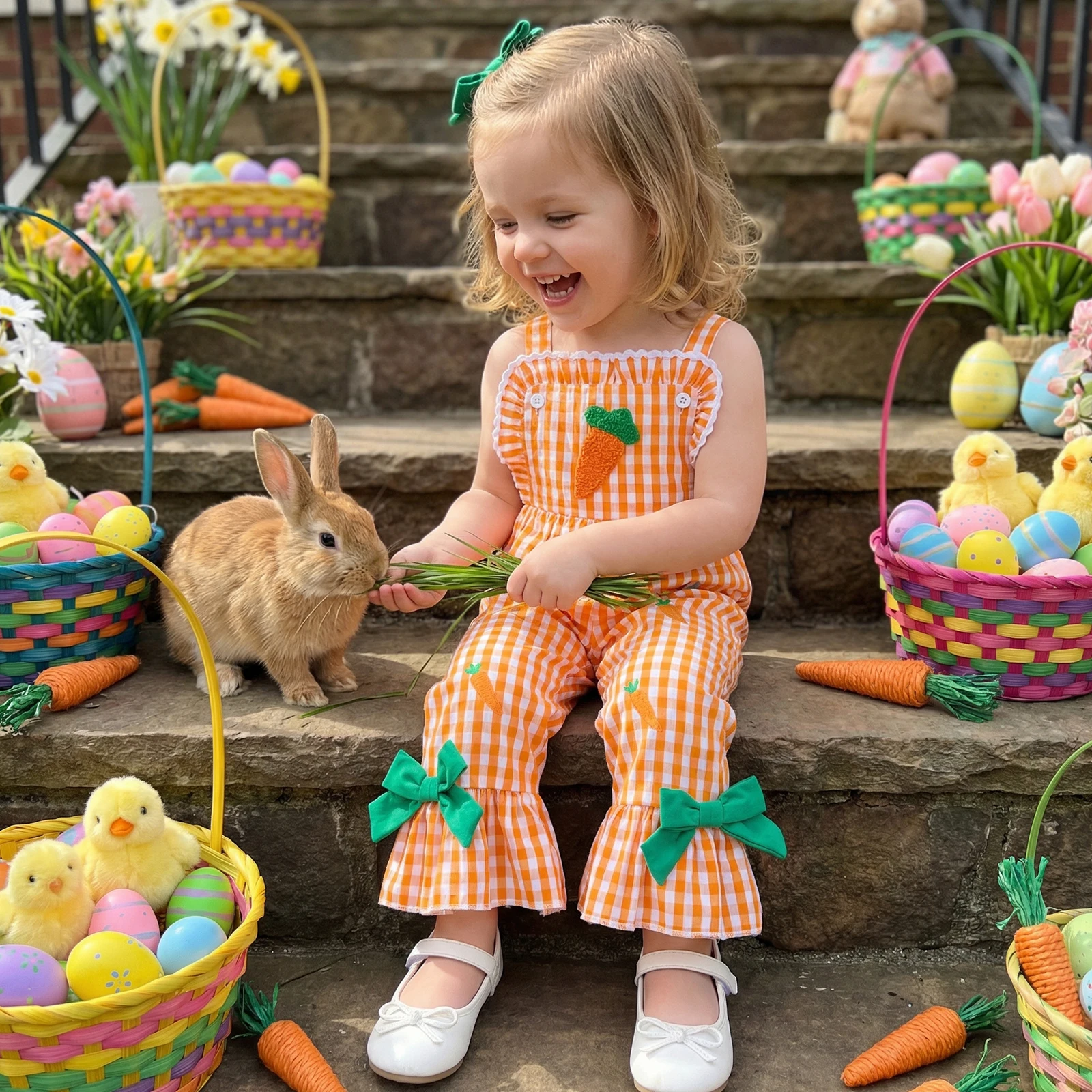 Cute Toddler Girls Easter Flare Pants Overalls Plaid Print Bunny Embroidery Sleeveless Bell Bottom Romper