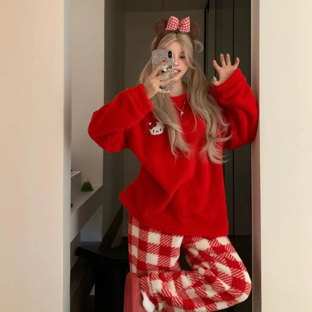 

Ins Sanrio Hello Kitty Girls Thickened Pajamas Set Red Kitty Winter Coral Velvet Thickened and Velvet Cute Living Clothes Set
