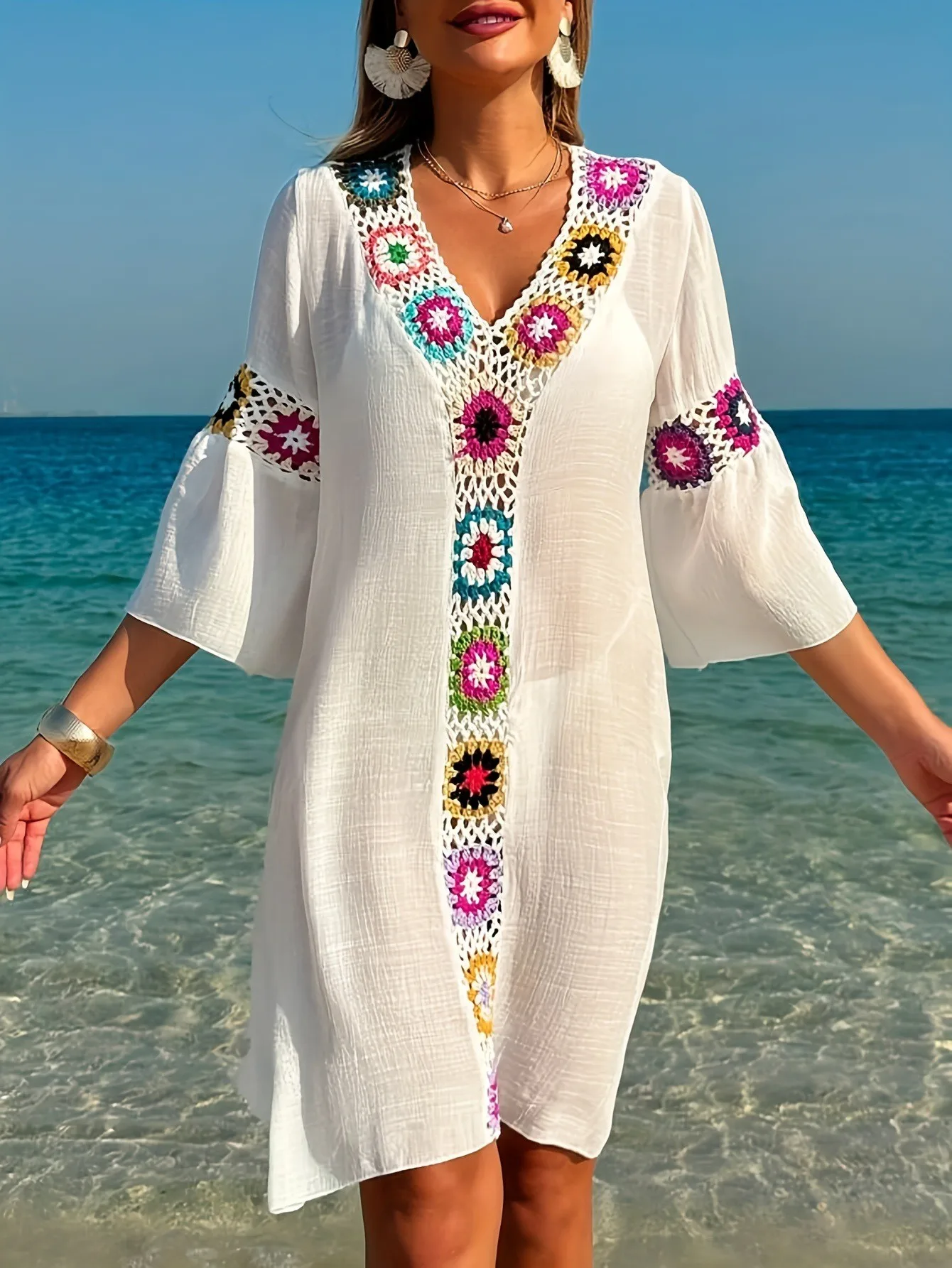 Design Patchwork Dress Relaxed Fit Streetwear with Urban Street Geometric Pattern 3D Pattern Beach Cover Up Dress for Women