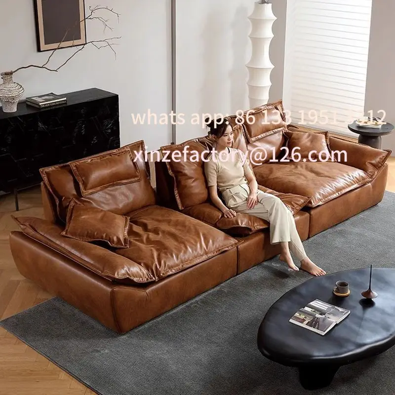 

Customizable sailing sofa retro oil wax leather super wide sitting deep antique living room backrest adjustable leather sofa