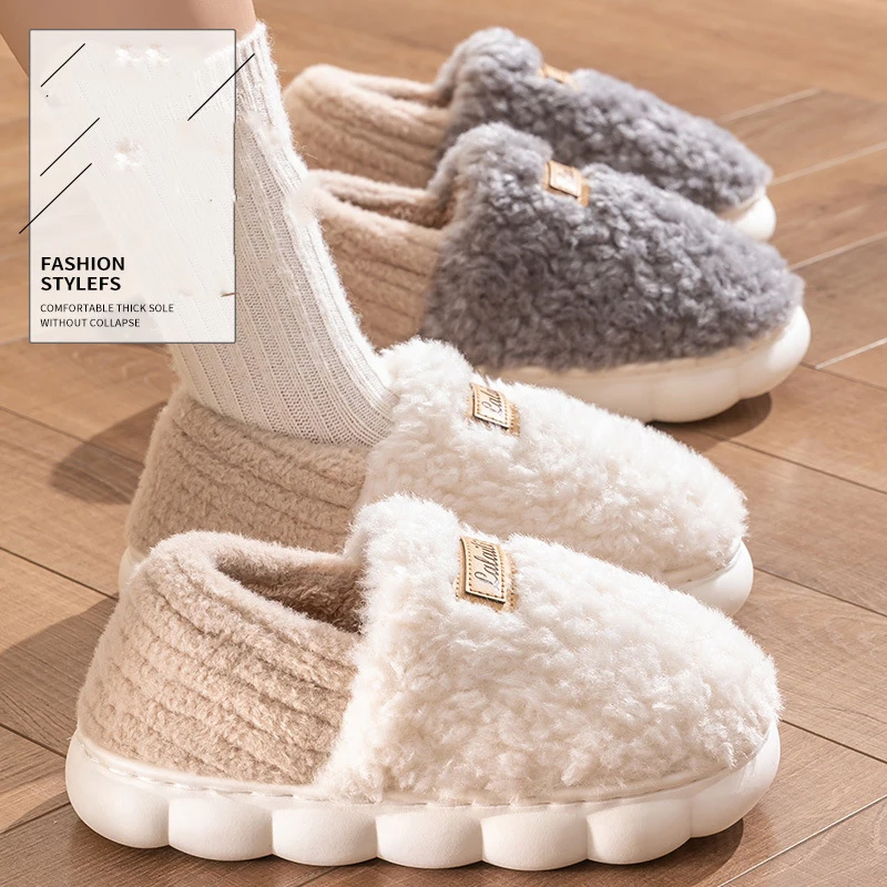 Crestar-Pantoufles en coton pour femmes, chaussons d'intérieur en peluche pour couple, chaussures plates de maison en fourrure, toboggans chauds et moelleux, hiver 2024, nouveau