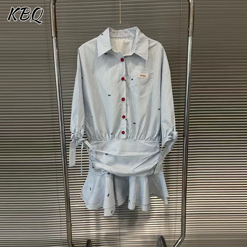 

KBQ Hit Color Spliced Bowknots Tunic Dresses for Women Lapel Long Sleeve High Waist Temperament Dress Female Fashion Style New