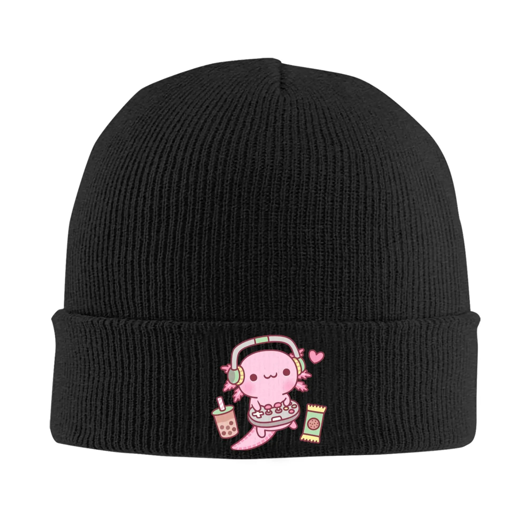 Cute Axolotl Loves Playing Video Games Knitted Hat for Women Men Skullies Beanies Autumn Winter Hat  Crochet Melon Cap