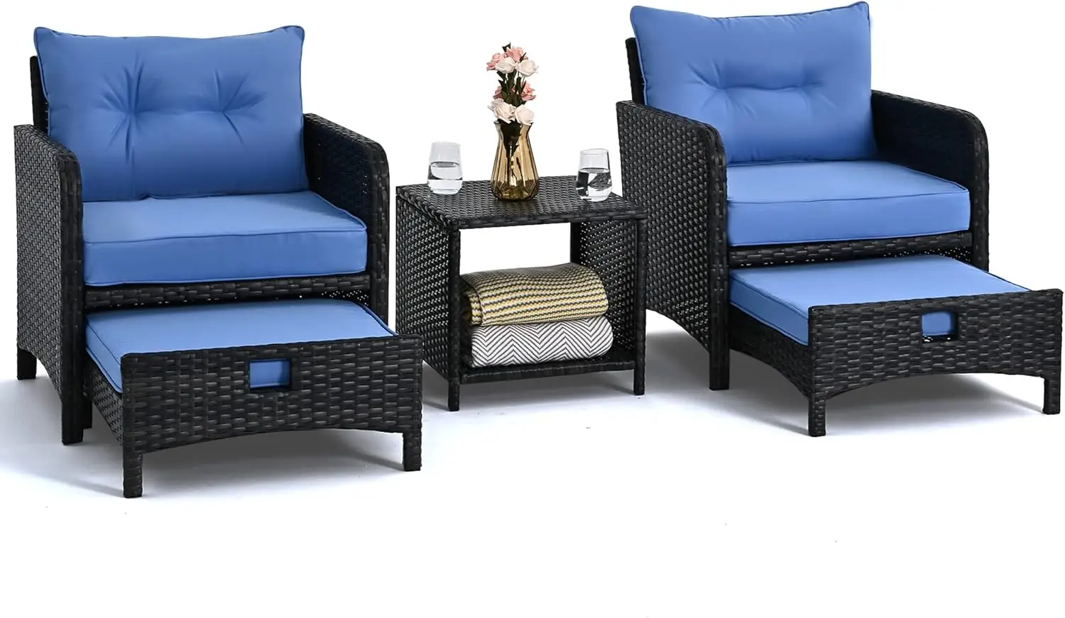 5 Pieces Wicker Patio Furniture Set Outdoor Patio Chairs with Ottomans Conversation Furniture with Garden Balcony(Blue Cushion