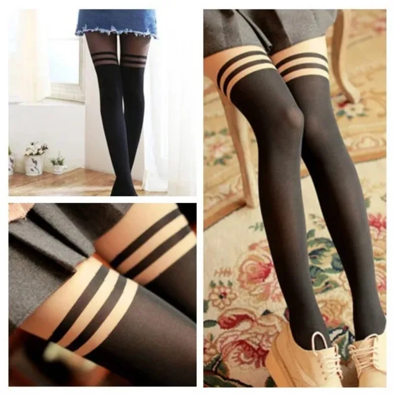 

Women Sexy Black Double Stripe Pantyhose Over The Knee Sheer Tights Thin Bottoming Pantyhose Sexy Stockings