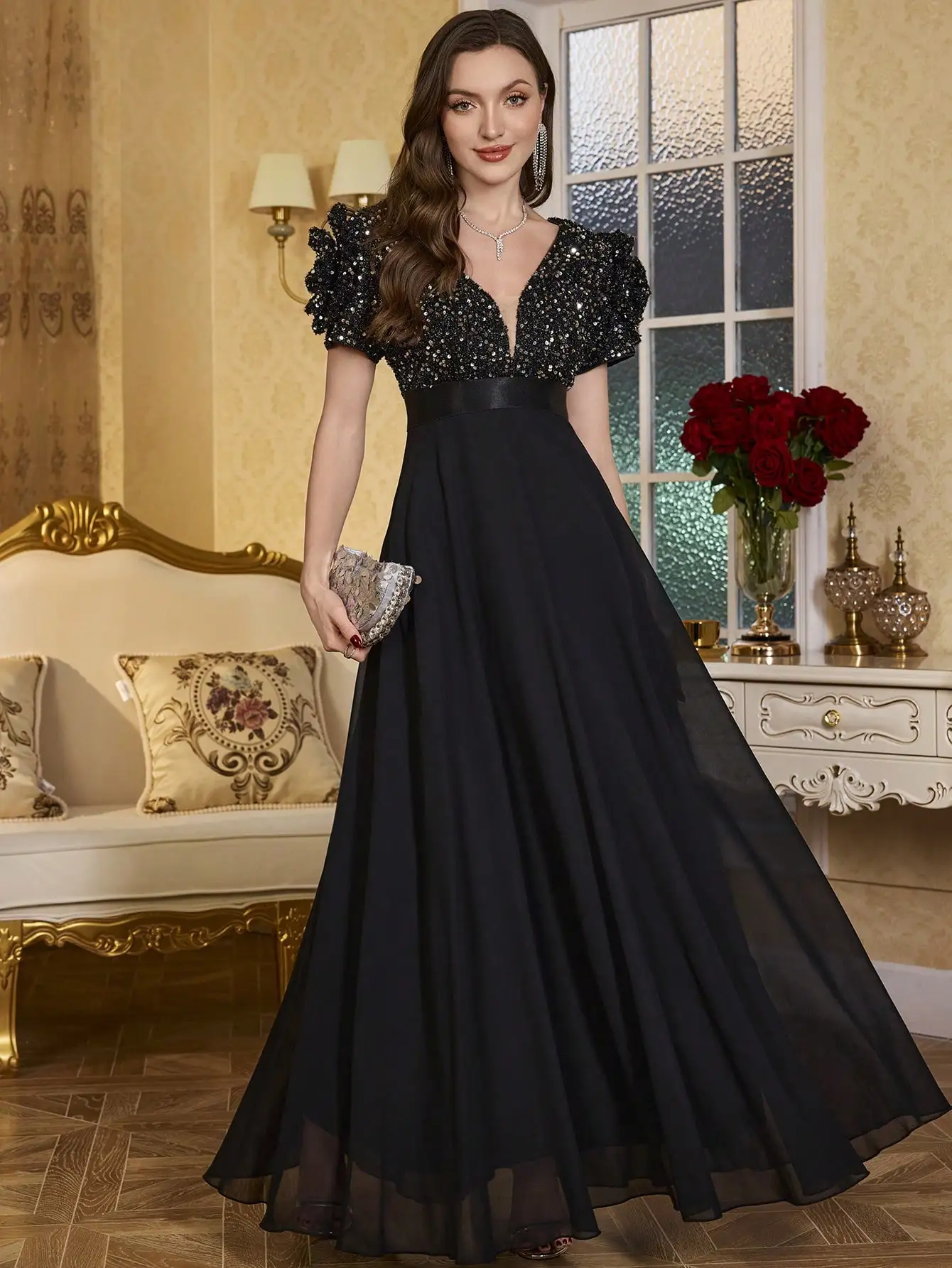 Elegant V-Neck Sequin Chiffon Black Maxi Dress for Cocktail Party Evening Wear