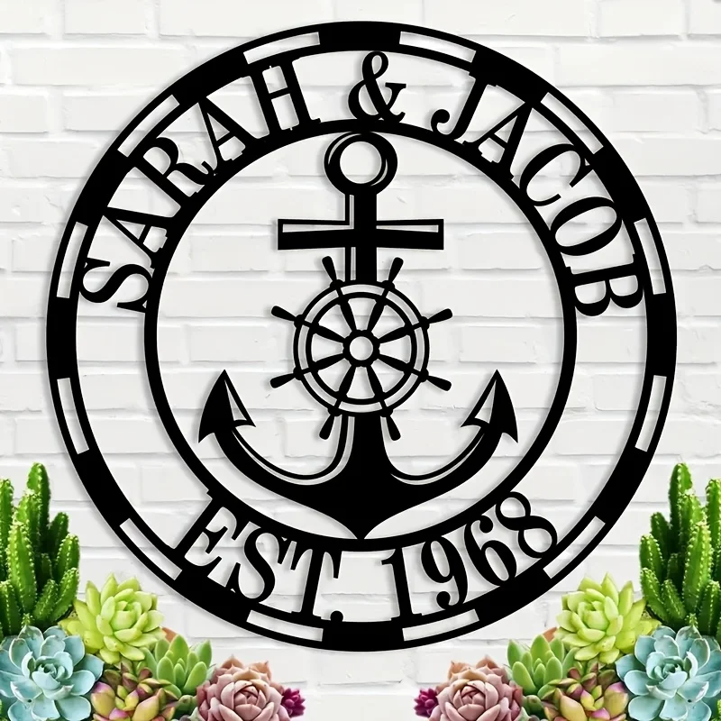 

Custom Nautical Compass & Anchor Metal Wall Art - Personalize with Your Name & Date, Weatherproof Outdoor/Indoor Decor