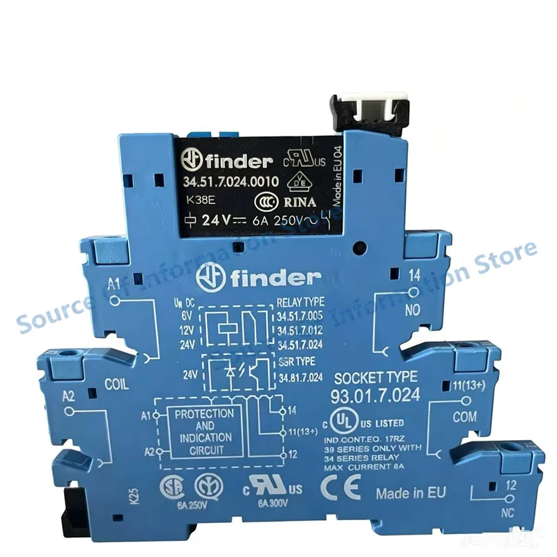 Finder 34.51.7.024.0010 Ultra-Thin Electromechanical Relay 24V DC Coil 6A SPDT with 93.01.7.024 DIN Rail Socket
