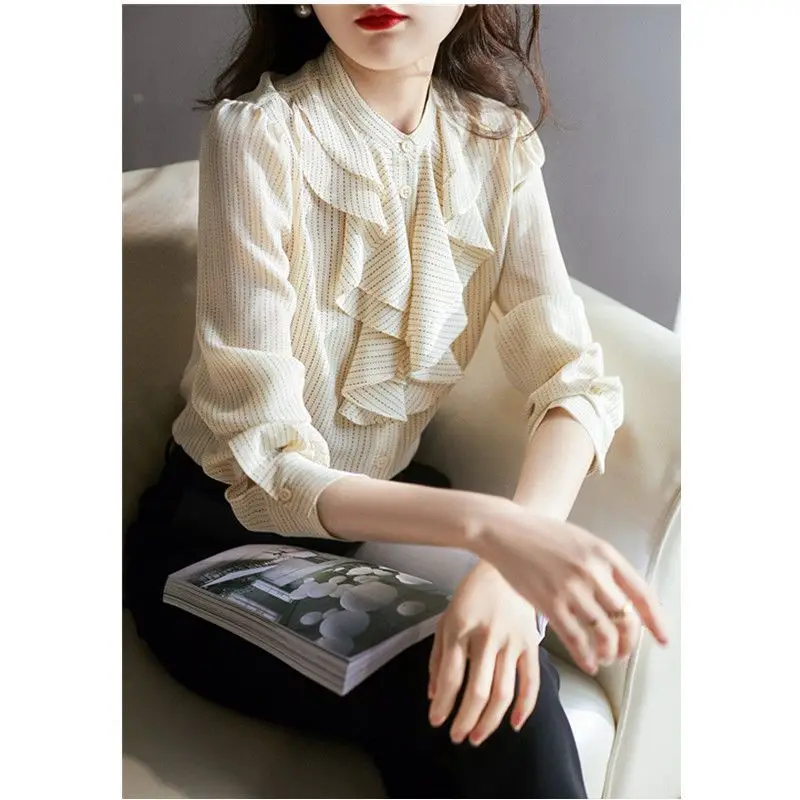 

Striped Shirt Women's Long Sleeved Spring Autumn Item Retro Double Layered Ruffle Collar Temperament Shirt Top Western-style