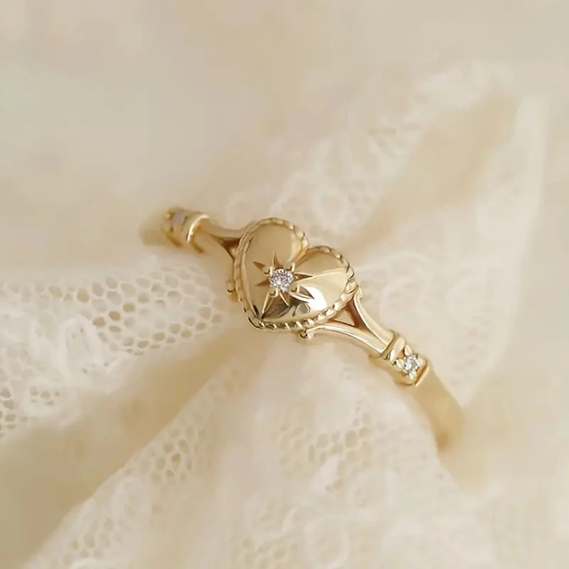 Huitan Gold Color Heart Rings with Shiny Cubic Zirconia for Women Delicate Wedding Band Accessories Trendy Engagement Jewelry