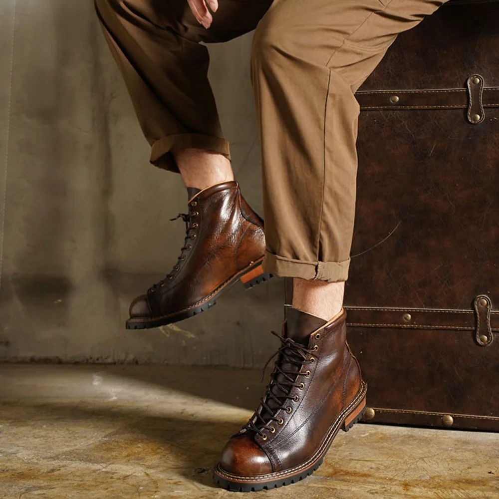 Fashion Genuine Leather Motorcycle Boots British Brogue Shoes Oxford Big Head Ankle Western Cowboy Chelsea Boots For Men Brown