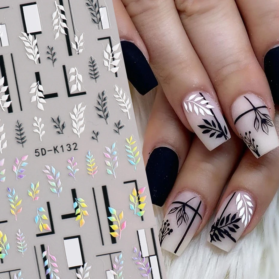 Carving 5D Black White Leaf Stickers Nails Art Florals Foliages Embossed Luxury Palace Style Manicure Adhesive Decals BE5D-K132