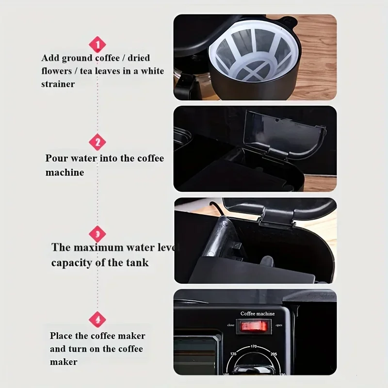 ماكينة صنع الإفطار 3 في 1 للمنزل، ماكينة صنع الخبز الكهربائية الصغيرة، ماكينة القهوة بالتنقيط سعة 600 مل، مقلاة غير لاصقة، يمكن قلي شواية شريحة لحم T