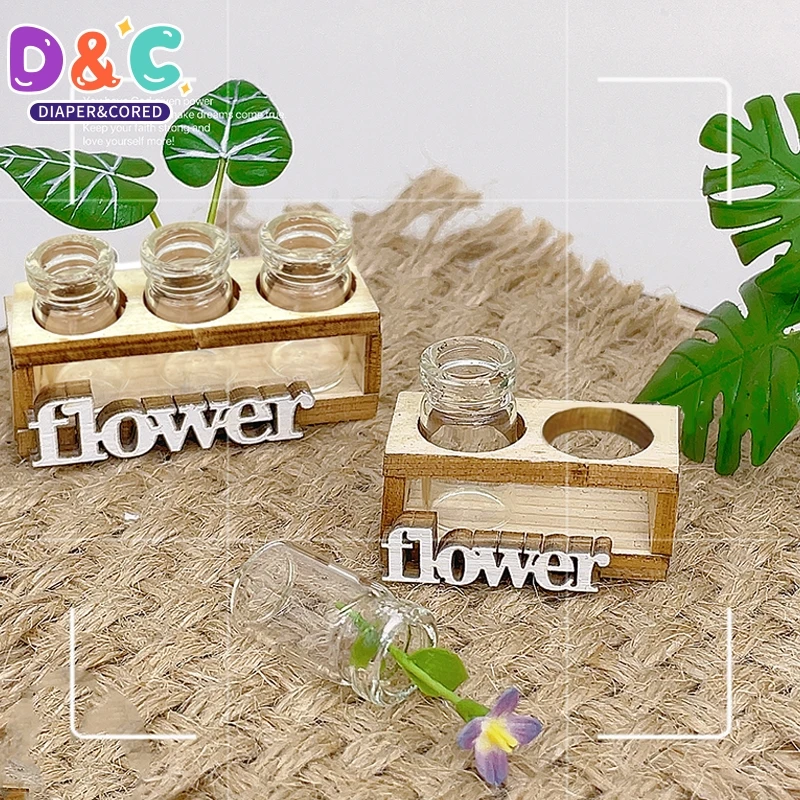 1Set 1:12 Dollhouse Miniature Hydroponic Wooden Flower Arrangement Stand Mini Glass Flower Vase Model Home Garden Decor Toys