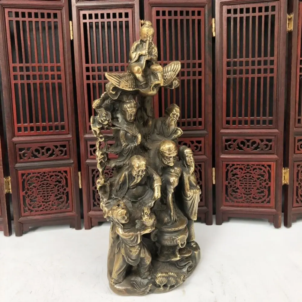 CHINESE old Bronze HANDMADE Copper carven eight immortals cornucopia Statue