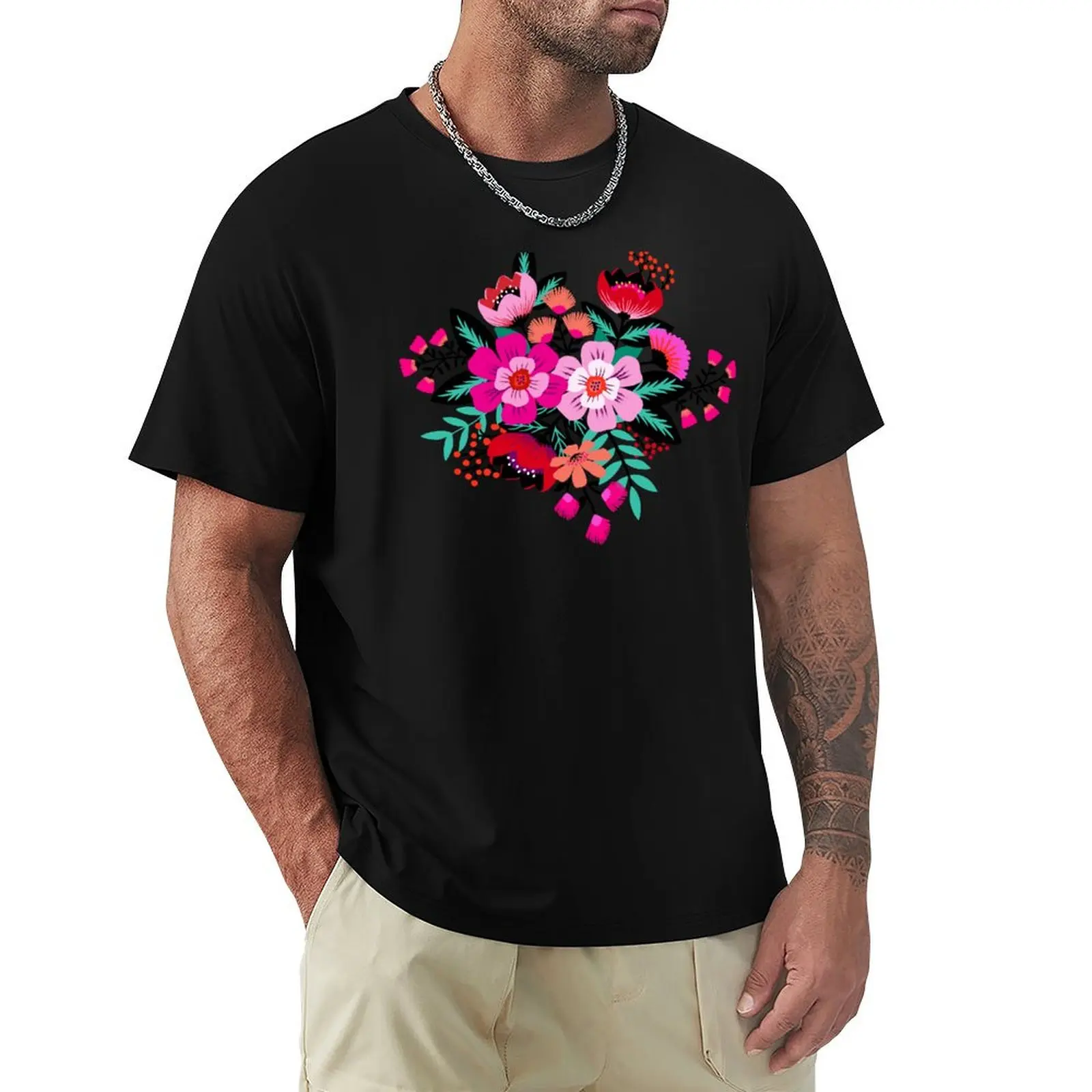 Colorful boho flower bouquet on navy blue T-Shirt Holiday Simple Tee Shirt