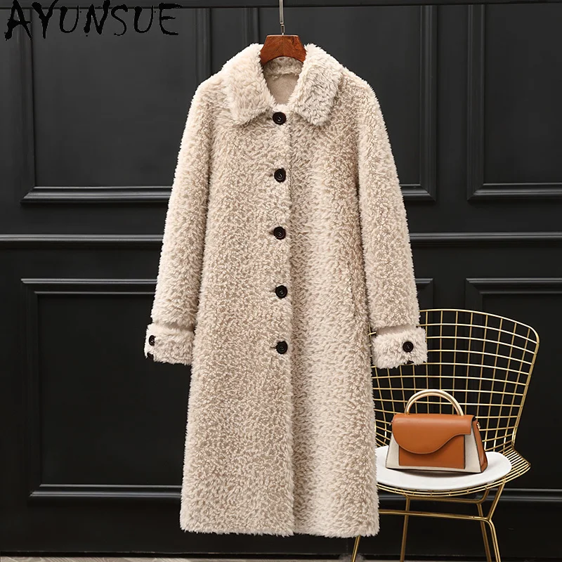 

AYUNSUE 100% Wool Coat Women 2025 Real Sheep Shearling Jacket Winter Clothing Female Long Style Composite Fur Пальто Женское