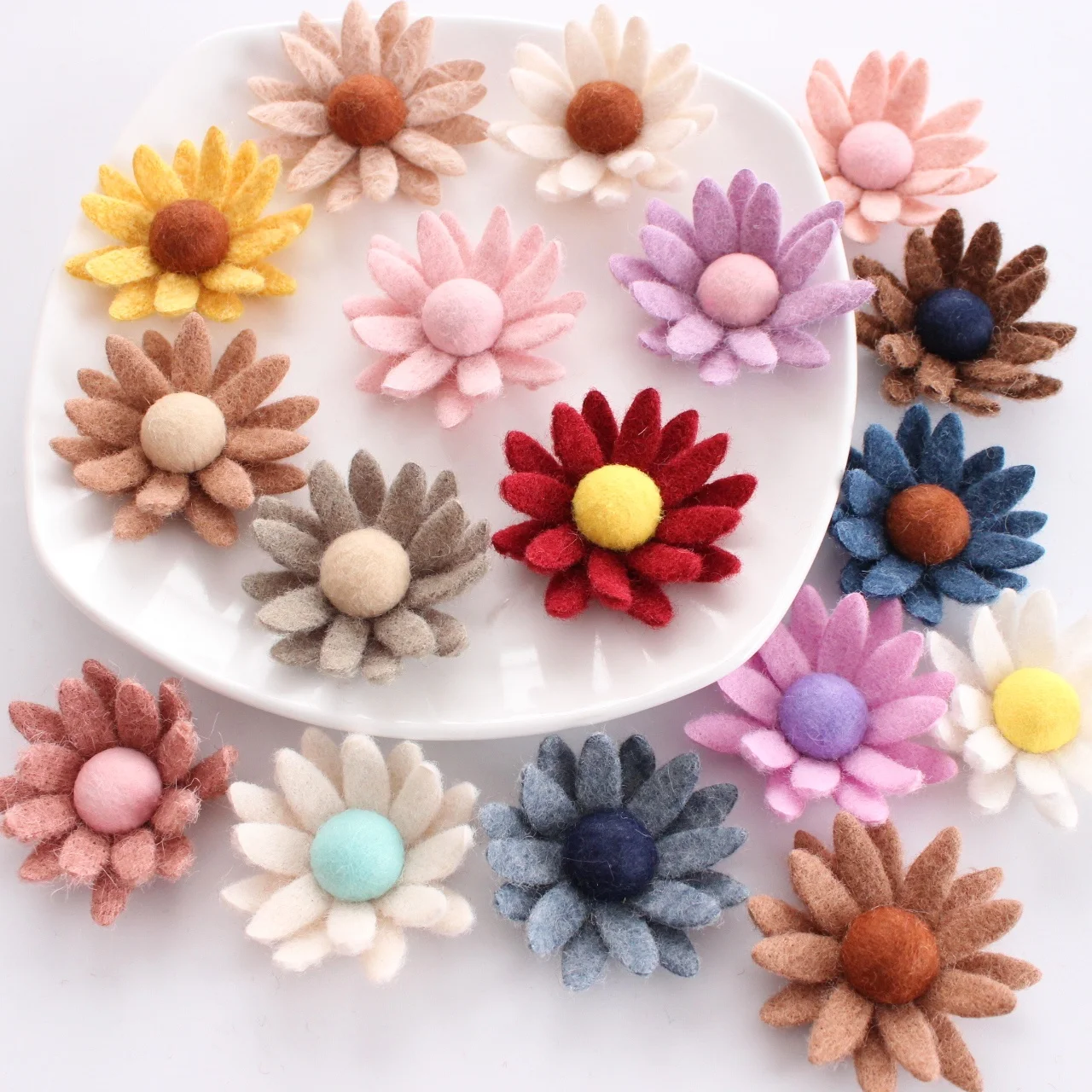 Soft Daisy Wool Fabric Floral Button in Center Felt Flowers For Kids Girl DIY Clothing Bag Hair Accessories