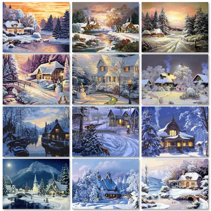 GATYZTORY 60x75cm Paint by numbers For Adults Canvas painting Houses in Snow Art Painting Home decor