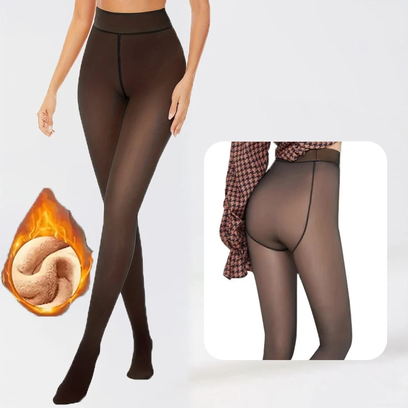 Fashion Stretchy Pantyhose Women Fleece Translucent Winter Warm Tights Soft Balck Streetwear Basic Simple Plus Size Leggings