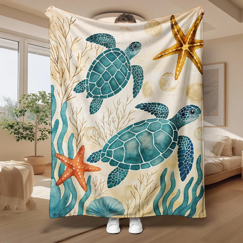 Vintage-Style Coastal Printed Blanket Cute Blue Starfish Conch Shell Warm Cozy Throw Blankets for Living Room Sofa Couch Decor