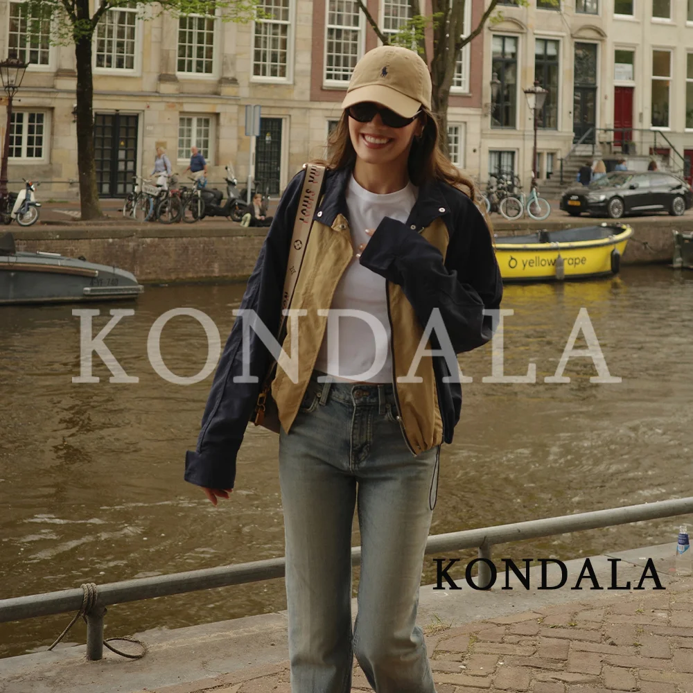 KONDALA Women Chic Casual Contrast Jacket Stylish Street Sports Style Zip-up Jacket 2026 Early Autumn/Fall Trendy Elegant Jacket