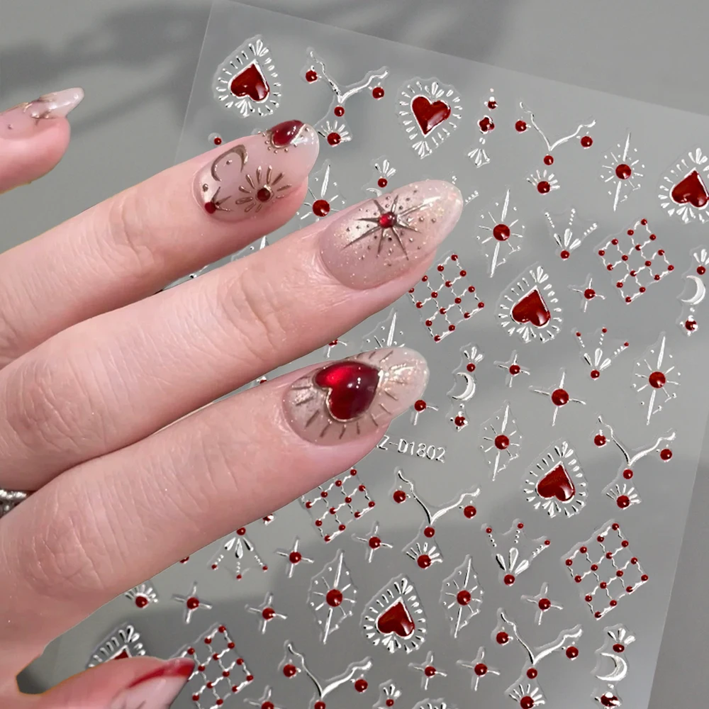 

5D Heart Red Gem Metallic Silver Nail Sticker 1sheet Gold Silver Sun Moon Love Totem Nail Decals Bohemian Manicure Art Stickers