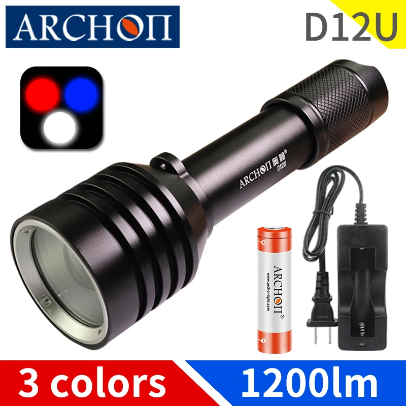 

D12U zoom 1200lm diving flashlight Red blue white diving photoraphy light Underwater 60m diving fill light HD video diving torch