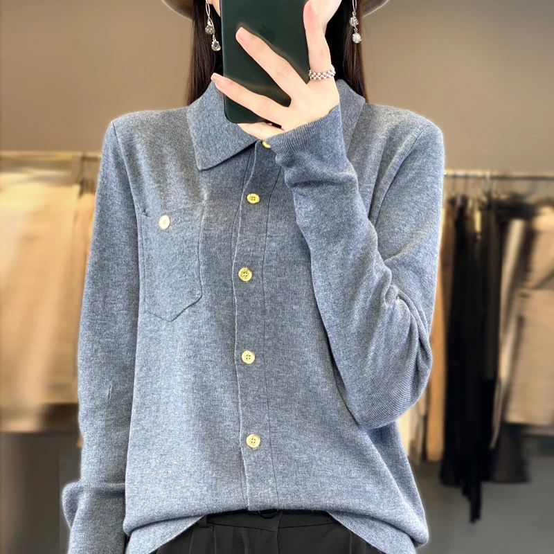 Autumn Winter New Wool Cardigan Women's Polo Neck Long Sleeve Solid Lmitation Wool Loose Pocket Small Fragrance Knitted Cardigan