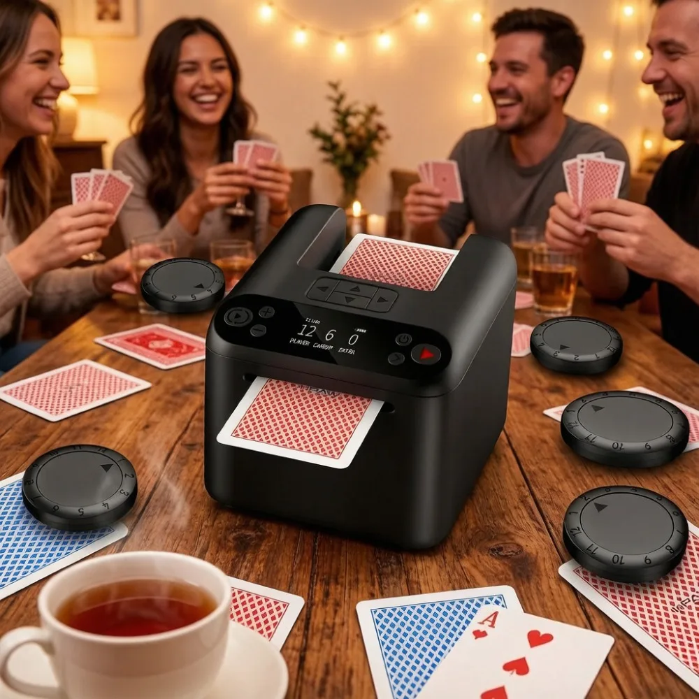 Distributeur de cartes électrique rechargeable avec batterie intégrée de 4000 mAh, machine de distribution de cartes multifonction avec vitesse et distance réglables, 9 réglages de vitesse, 4 boutons d'appel, 2 modes pour le Texas Hold'em et les jeux de société UNO.