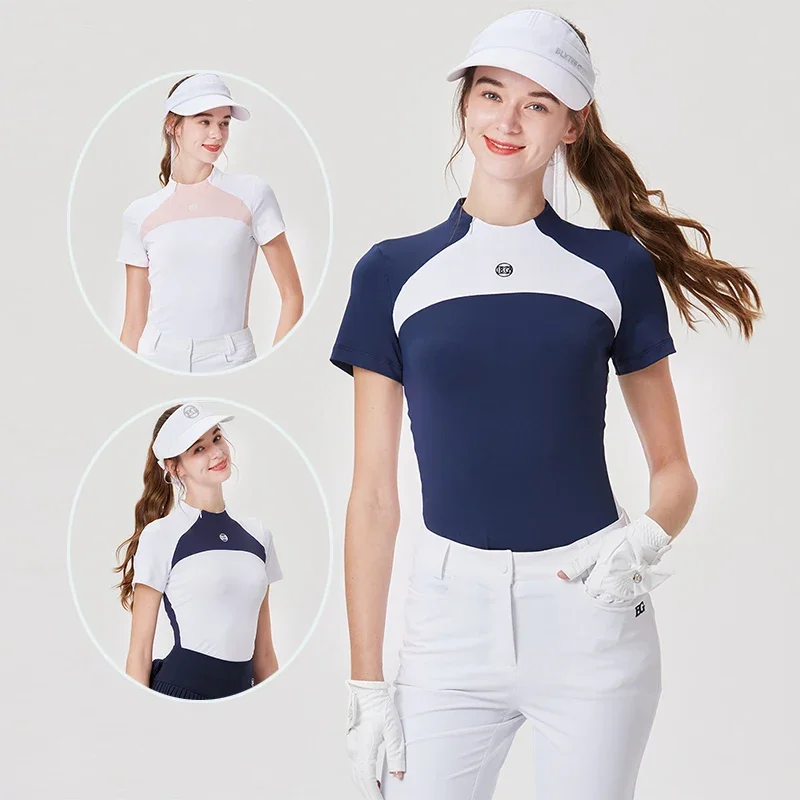 

Blktee Golf Women Short Sleeved Elastic Tops Quick Drying Versatile Shirts Ladies Patchwork Outdoor Leisure SportsT-Shirts S-XXL