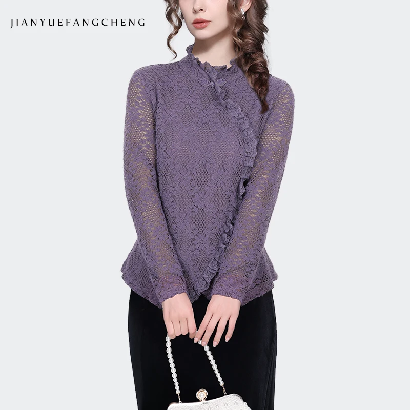 Fashion Ruffle Purple Lace Top Women Long Sleeve Stand-up Collar Hollow Out Floral Blouse Elegant Slimming Vintage Casual Shirts