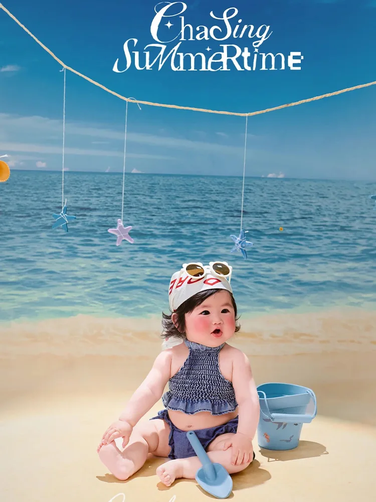 

Summer Beach Vacation Theme Photography Props 1 Year Old Girl Photo Costume Set Ocean Seashells Decorative Prop for Studio Shoot