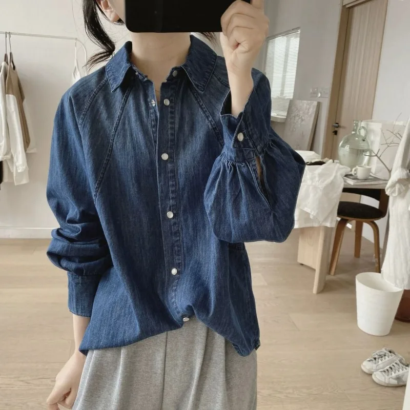 Women's Spring Autumn Blouse Jacket Denim Shirt Long Sleeve Designed Retro Niche Thin New Fashion Loose Comfortable Brand Simple
