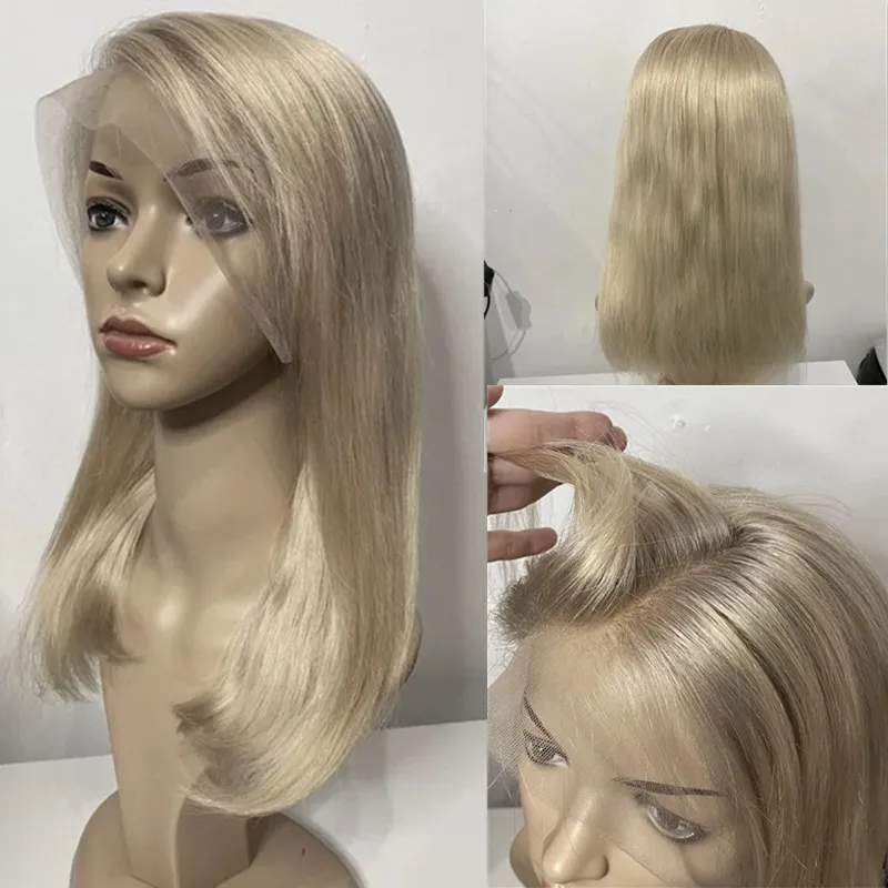 Platinum Blonde Synthetic Hair Free Parting Lace Front Wig Ash Roots Natural Straight Cosplay Lace Wig High Heat Fibre Glueless