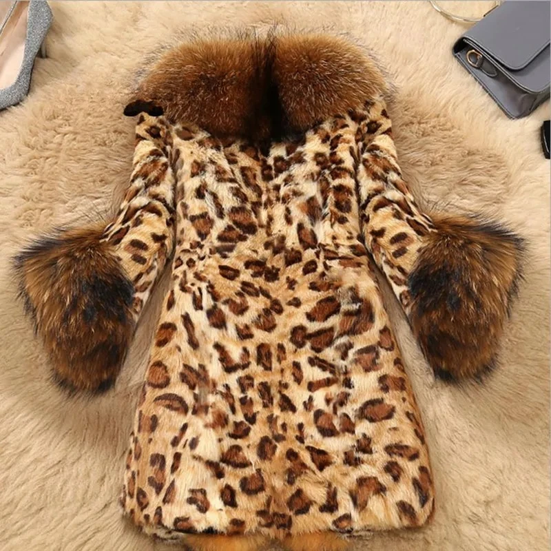 Fall/Winter 2025 Fur Coat Women's Long Leopard-like Raccoon Fur Collar Artificial Wool Warm Coat Fur