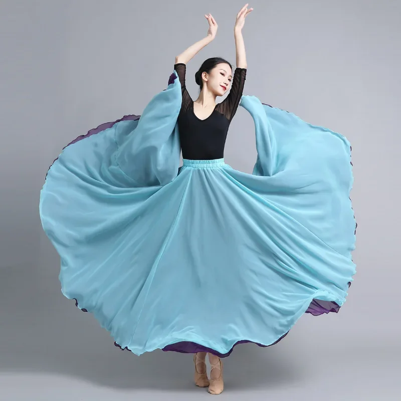 Saia de dança de chiffon flamenco para mulheres 720 graus cor sólida saias longas dançarina prática usar saia estilo chinês com bainha grande
