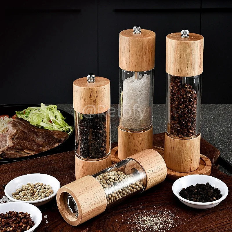 6/8inch Wooden Transparent Ceramic Core Grinder, Salt, Pepper, Spices and Sesame Multifunctional Seasoning Bottle Kitchen Tools