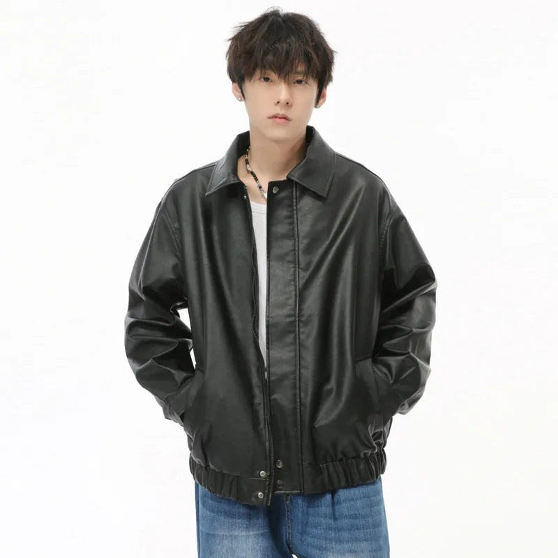 

SYUHGFA Niche Design Loose PU Leather Jacket Motorcycle 2024 Autumn Turn Down Collar Solid Color Zipper Coat High Street