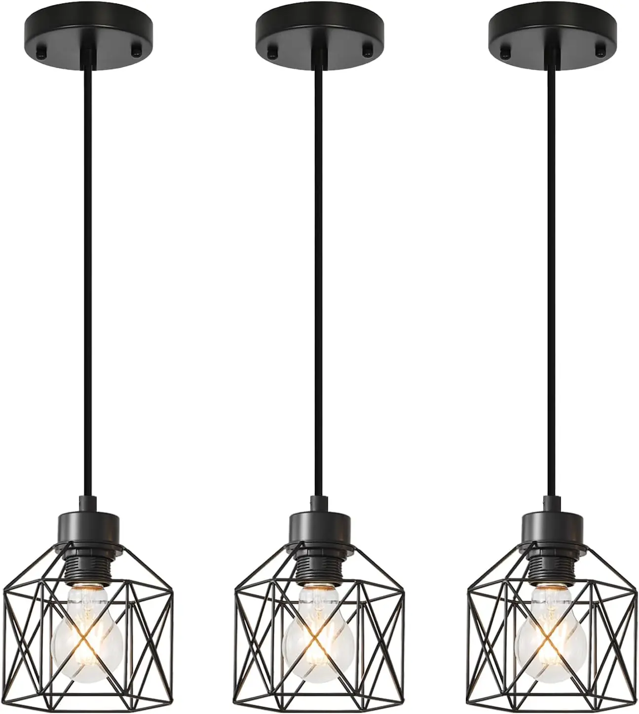 

3-Pack Black Metal Cage Pendant Lights, Adjustable Height Farmhouse Industrial Lighting for Kitchen Island Dining Room