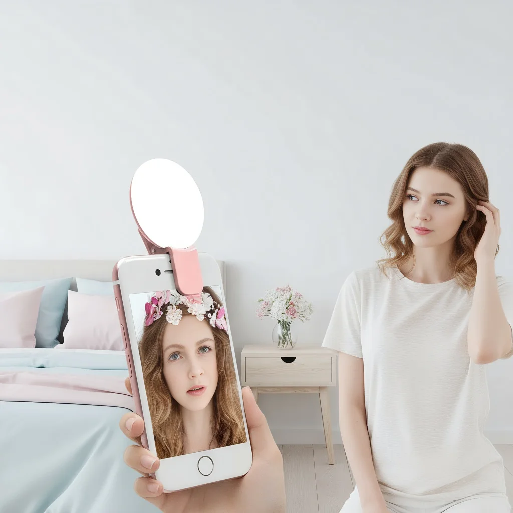 

​ ​ Портативный мини-кольцевой светильник для селфи со светодиодной вспышкой - перезаряжаемый через USB-светильник с объективом для телефона для женщин, селфи ​ ​