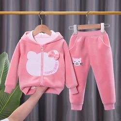 Winter girl plush set cute cartoon 0-4 year old warm and thick kitten bow tie hooded jacket long pants girl set baby clothes