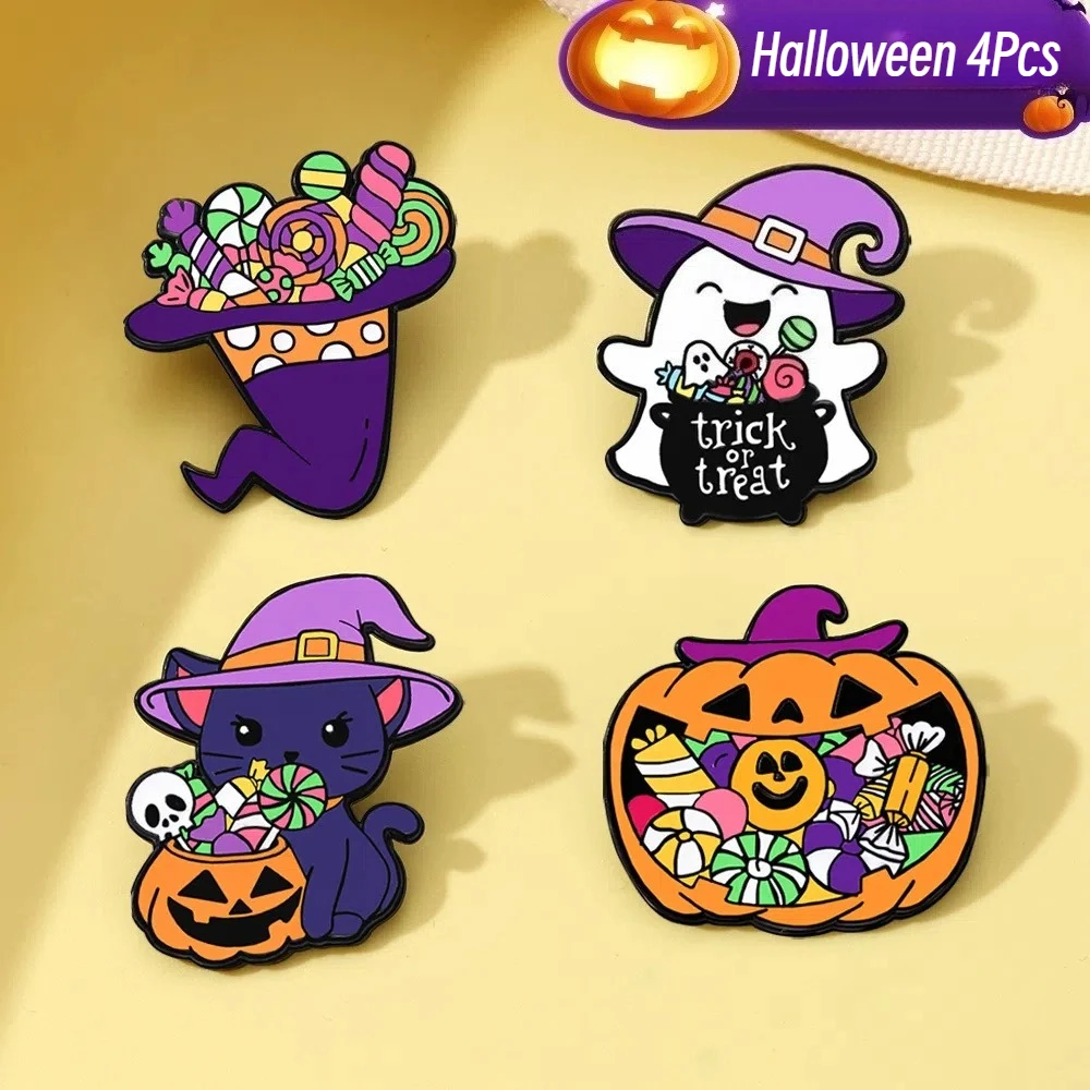 4pcs Set Halloween Metal Badge Cute Cartoon Funny Ghost Horror Pumpkin Head Brooch Pin European and American Holiday Gift