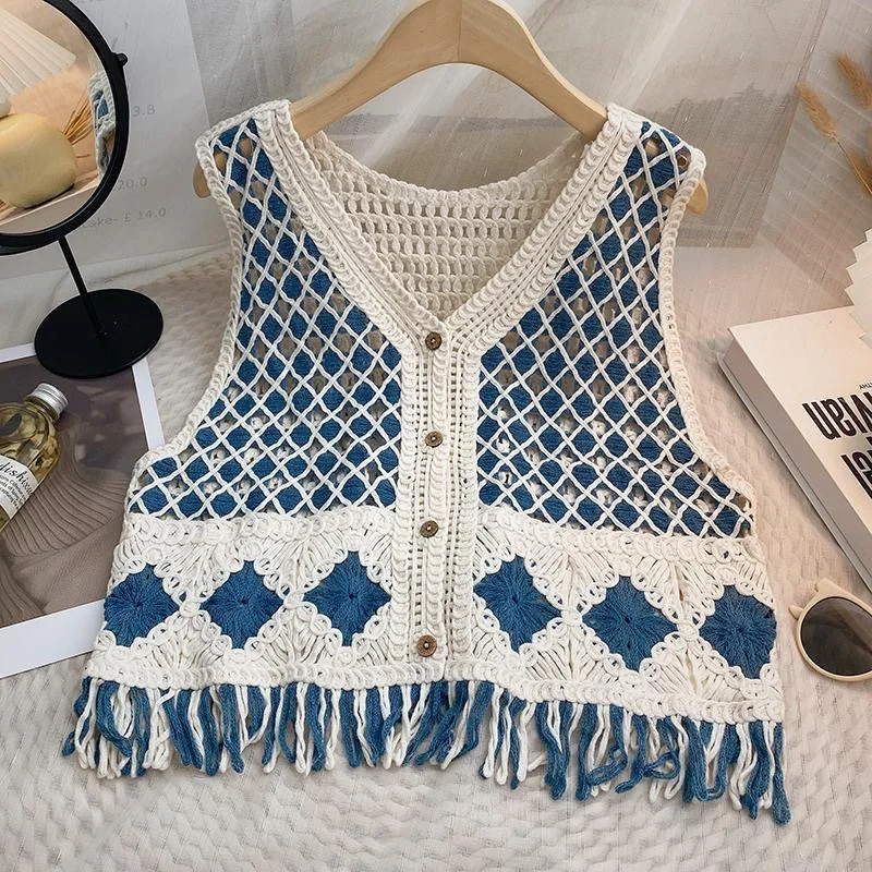 

Ethnic Retro Diamond Lattice Tassel Knit Vest Women Beach Vacation Hollow Out Thin Sleeveless Cardigan